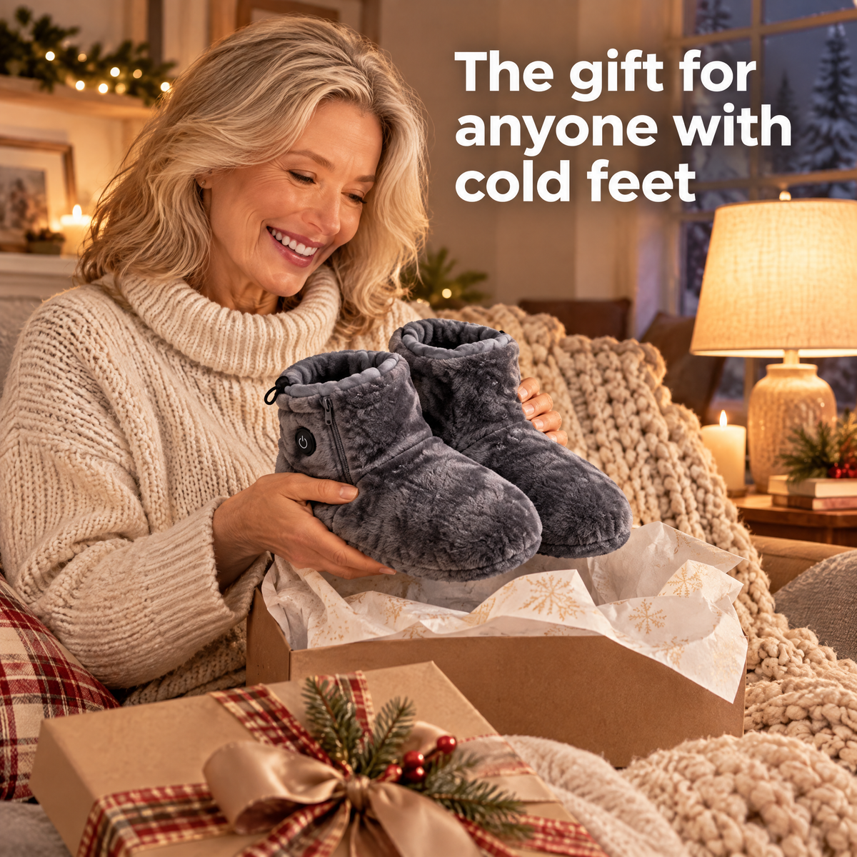 Woman opening heated plush slipper boots as a gift